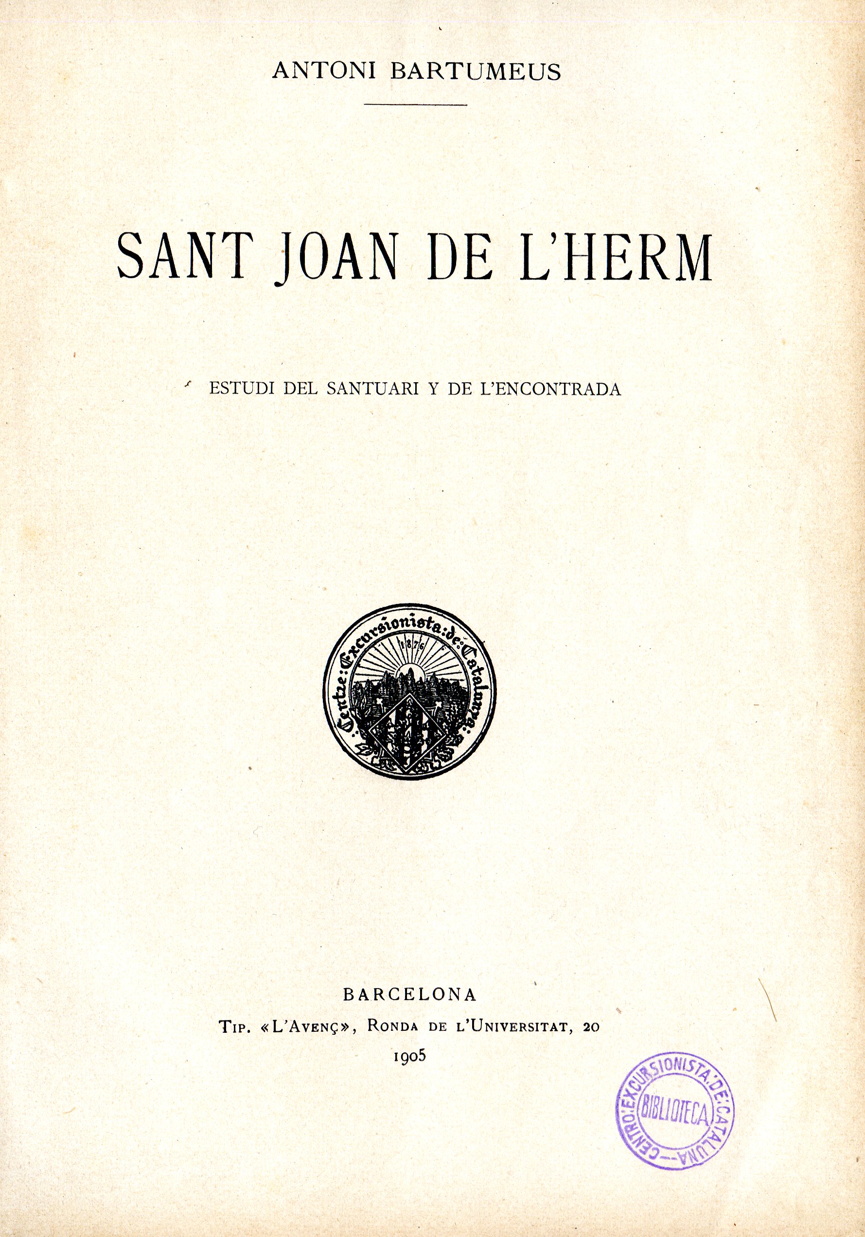 Sant Joan de l'Herm : Estudi del santuari y de l'encontrada - Portada